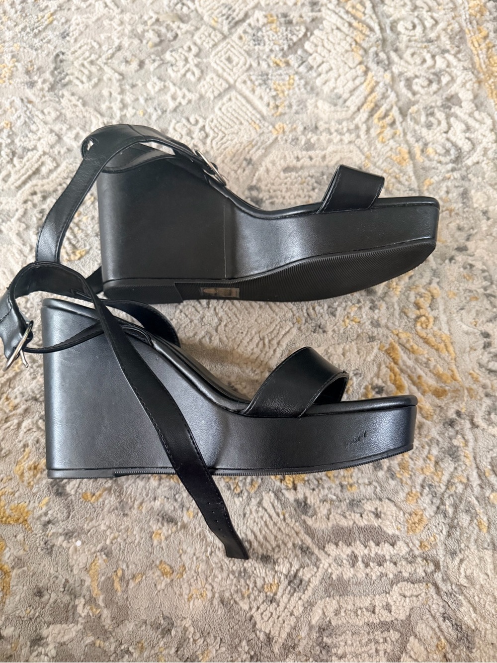 Soda Black Platform Wedge Sandals with Ankle Wrap